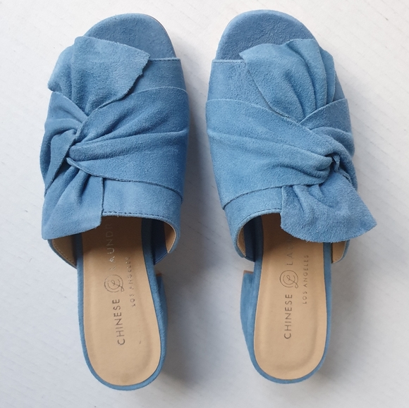 Chinese Laundry Marlowe Blue Kid Suede Block Heeled Slip-On Mule Slides Sz 6.5 - Picture 4 of 16